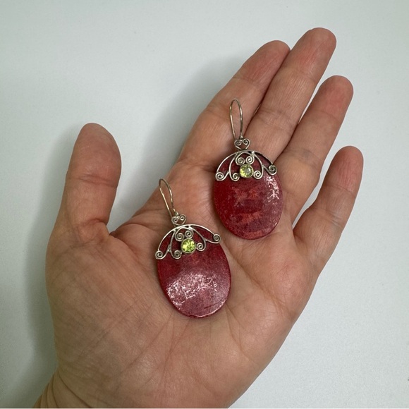 Coral and Peridot Sterling Silver Earrings Oval 925 Scrolled Hook Wires Bohemian - Picture 3 of 13